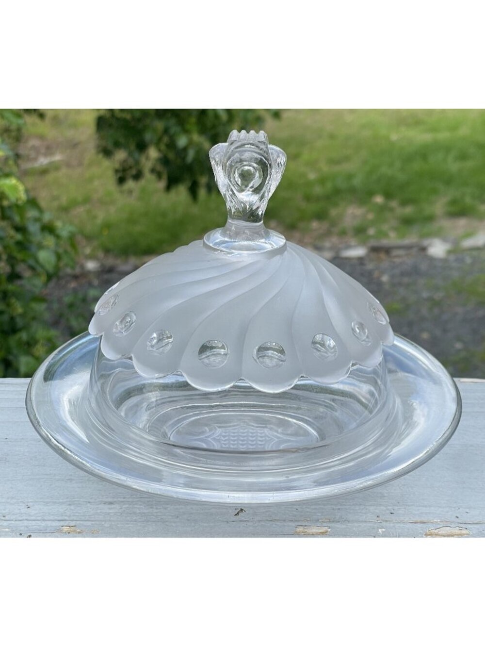 Antique - Vintage 20th C. Pressed Glass Butter Dome Dish w/ Frosted Satin Swirl